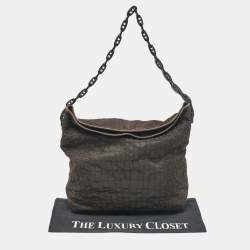 Gianfranco Ferre Dark Brown Fabric and Leather Chain Bucket Bag