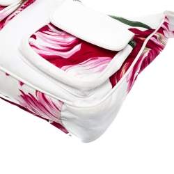 Pre Owned Gianfranco Ferre White/Pink Floral Print Canvas and Leather Pocket Shoulder Bag