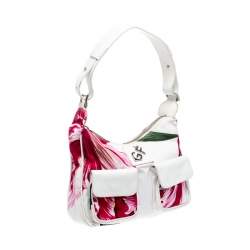 Pre Owned Gianfranco Ferre White/Pink Floral Print Canvas and Leather Pocket Shoulder Bag