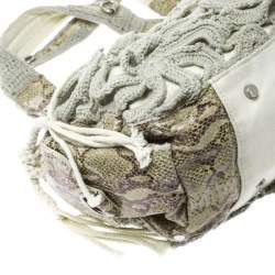 Gianfranco Ferre Olive Green/Cream Crochet and Python Embossed Leather Tote