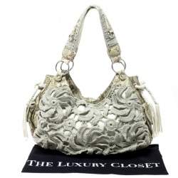 Gianfranco Ferre Olive Green/Cream Crochet and Python Embossed Leather Tote