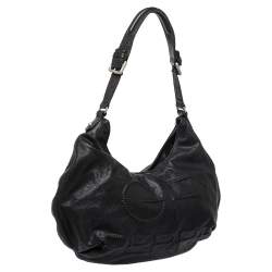 Pre Owned Gianfranco Ferre Black Leather Embossed Logo Hobo