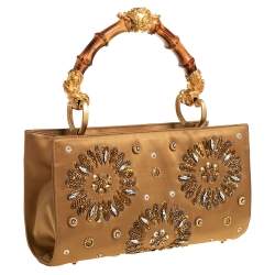 Pre Owned Gianfranco Ferre Gold Satin Crystal Embroidered Top Handle Bag