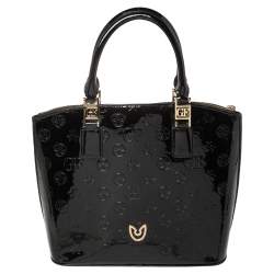 Gianfranco Ferre Black Signature Embossed Patent Leather Satchel 