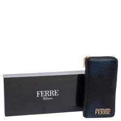 Pre Owned Gianfranco Ferre Navy Blue Ostrich Embossed Leather Zip Around Wallet