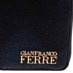 Pre Owned Gianfranco Ferre Navy Blue Ostrich Embossed Leather Zip Around Wallet