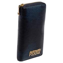 Pre Owned Gianfranco Ferre Navy Blue Ostrich Embossed Leather Zip Around Wallet