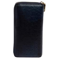 Pre Owned Gianfranco Ferre Navy Blue Ostrich Embossed Leather Zip Around Wallet