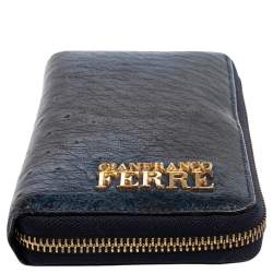 Pre Owned Gianfranco Ferre Navy Blue Ostrich Embossed Leather Zip Around Wallet