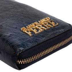 Pre Owned Gianfranco Ferre Navy Blue Ostrich Embossed Leather Zip Around Wallet
