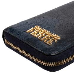 Pre Owned Gianfranco Ferre Navy Blue Ostrich Embossed Leather Zip Around Wallet