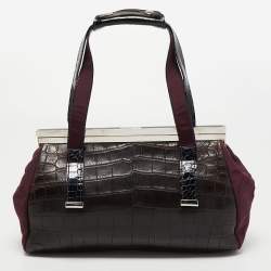 Gianfranco Ferre Burgundy/Navy Blue Alligator and Canvas Metal Frame Satchel
