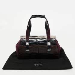 Gianfranco Ferre Burgundy/Navy Blue Alligator and Canvas Metal Frame Satchel