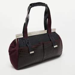 Gianfranco Ferre Burgundy/Navy Blue Alligator and Canvas Metal Frame Satchel