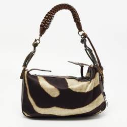 Gianfranco Ferre Brown Zebra Print Satin and Leather Tribe Handle Shoulder Bag