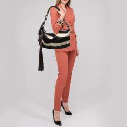 Gianfranco Ferre Brown Zebra Print Satin and Leather Tribe Handle Shoulder Bag