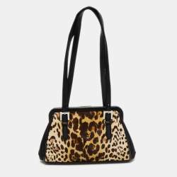 Gianfranco Ferre Black/Beige Leopard Print Calfhair, Satin and Leather Nylon Frame Baguette Bag
