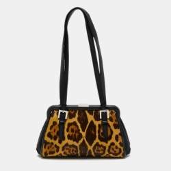 Gianfranco Ferre Black/Beige Leopard Print Calfhair, Satin and Leather Nylon Frame Baguette Bag