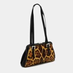 Gianfranco Ferre Black/Beige Leopard Print Calfhair, Satin and Leather Nylon Frame Baguette Bag