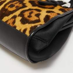 Gianfranco Ferre Black/Beige Leopard Print Calfhair, Satin and Leather Nylon Frame Baguette Bag