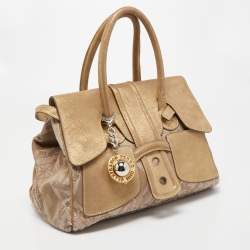 Gianfranco Ferre Gold/Beige Printed Canvas and Suede Flap Satchel