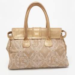 Gianfranco Ferre Gold/Beige Printed Canvas and Suede Flap Satchel