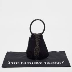 Pre Owned Gianfranco Ferre Black Pleated Satin Crystals Bangle Clutch