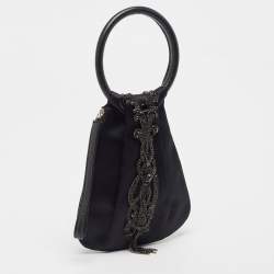 Pre Owned Gianfranco Ferre Black Pleated Satin Crystals Bangle Clutch