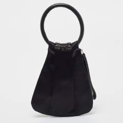Pre Owned Gianfranco Ferre Black Pleated Satin Crystals Bangle Clutch