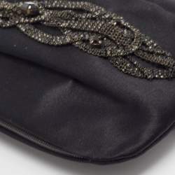 Pre Owned Gianfranco Ferre Black Pleated Satin Crystals Bangle Clutch