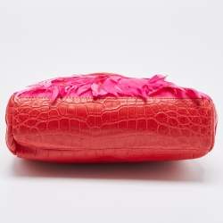 Gianfranco Ferre Red/Magenta Crocodile and Feather Top Handle Bag