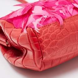 Gianfranco Ferre Red/Magenta Crocodile and Feather Top Handle Bag