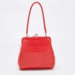 Gianfranco Ferre Red/Magenta Crocodile and Feather Top Handle Bag