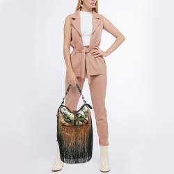 Gianfranco Ferre Multicolor Zebra/Floral Calfhair, Satin and Crocodile Embellished Fringe Bag