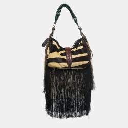 Gianfranco Ferre Multicolor Zebra/Floral Calfhair, Satin and Crocodile Embellished Fringe Bag