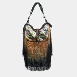 Gianfranco Ferre Multicolor Zebra/Floral Calfhair, Satin and Crocodile Embellished Fringe Bag