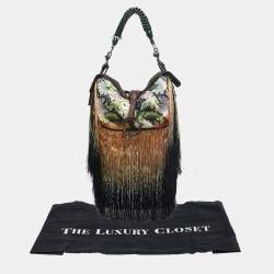 Gianfranco Ferre Multicolor Zebra/Floral Calfhair, Satin and Crocodile Embellished Fringe Bag