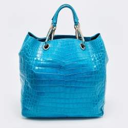Gianfranco Ferre Turquoise Blue Crocodile Grommet Tote
