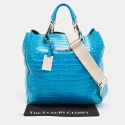 Gianfranco Ferre Turquoise Blue Crocodile Grommet Tote