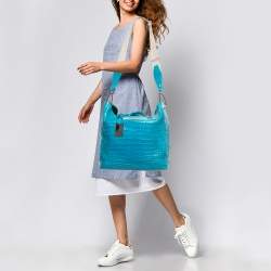 Gianfranco Ferre Turquoise Blue Crocodile Grommet Tote