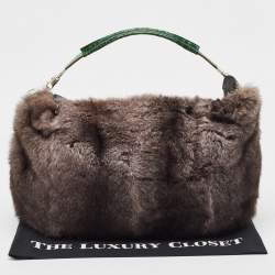 Gianfranco Ferre Black/Green Rabbit Fur, Croc and Leather Zip Hobo