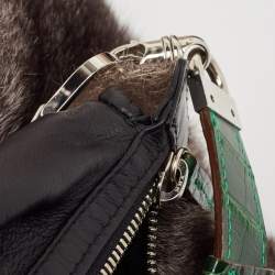 Gianfranco Ferre Black/Green Rabbit Fur, Croc and Leather Zip Hobo