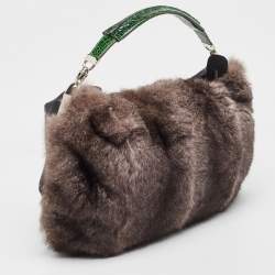 Gianfranco Ferre Black/Green Rabbit Fur, Croc and Leather Zip Hobo