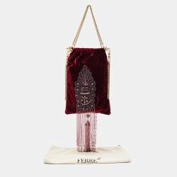 Pre Owned Gianfranco Ferre Burgundy Velvet Crystal And Bead Embellished Shoulder Bag