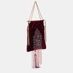 Pre Owned Gianfranco Ferre Burgundy Velvet Crystal And Bead Embellished Shoulder Bag