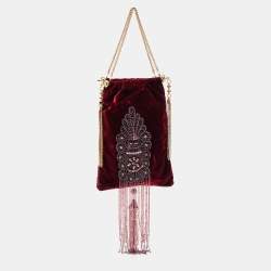 Pre Owned Gianfranco Ferre Burgundy Velvet Crystal And Bead Embellished Shoulder Bag