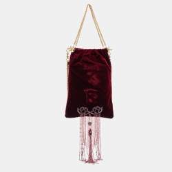 Pre Owned Gianfranco Ferre Burgundy Velvet Crystal And Bead Embellished Shoulder Bag