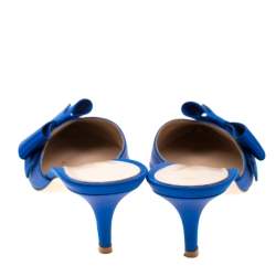 Pre Owned Gianvito Rossi Blue Satin Kyoto Bow Pointed Toe Slip On Mules Size 37.5
