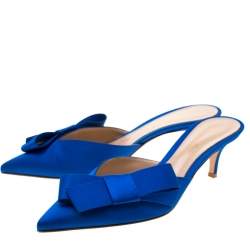 Pre Owned Gianvito Rossi Blue Satin Kyoto Bow Pointed Toe Slip On Mules Size 37.5