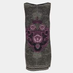 Pre Owned Gianni Versace Monochrome/Purple Animal Print Satin Medusa Sleeveless Mini Dress L